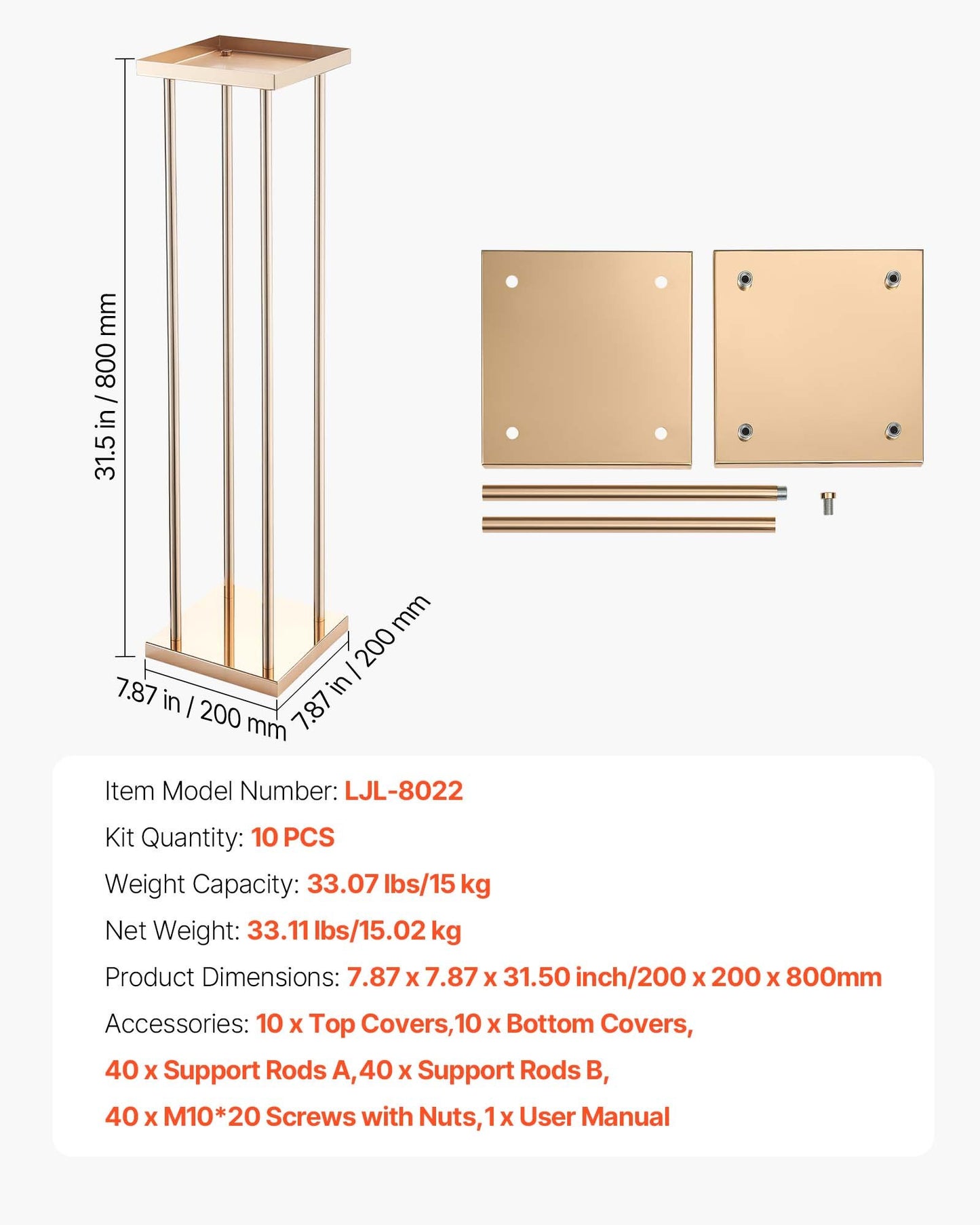 Wedding Flower Stand, 10PCS 80cm Column Flower Stand, Floral Stands with Metal Laminate, Cylindrical Cubic Floral Display Rack for Wedding, Party, Birthday, Home, French Gold Centerpiece Stands