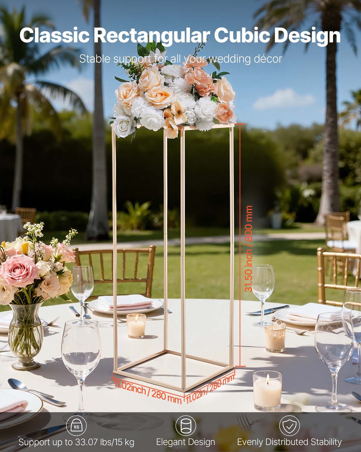Wedding Flower Stand, 10PCS 80cm Column Flower Stand, Floral Stands with Metal Laminate, Rectangular Floral Display Rack for Wedding, Party, Birthday, Home, French Gold Centerpiece Stands