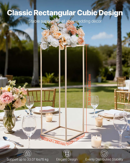 Wedding Flower Stand, 10PCS 80cm Column Flower Stand, Floral Stands with Metal Laminate, Rectangular Floral Display Rack for Wedding, Party, Birthday, Home, French Gold Centerpiece Stands