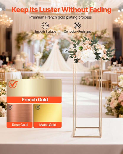Wedding Flower Stand, 10PCS 80cm Column Flower Stand, Floral Stands with Metal Laminate, Rectangular Floral Display Rack for Wedding, Party, Birthday, Home, French Gold Centerpiece Stands
