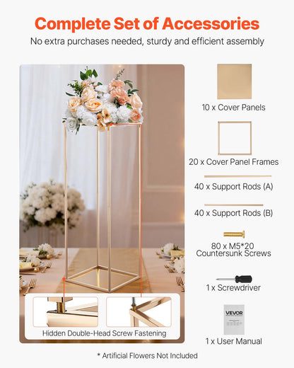 Wedding Flower Stand, 10PCS 80cm Column Flower Stand, Floral Stands with Metal Laminate, Rectangular Floral Display Rack for Wedding, Party, Birthday, Home, French Gold Centerpiece Stands
