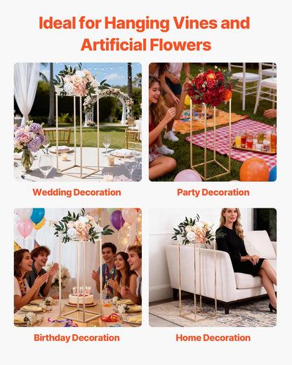 Wedding Flower Stand, 10PCS 80cm Column Flower Stand, Floral Stands with Metal Laminate, Rectangular Floral Display Rack for Wedding, Party, Birthday, Home, French Gold Centerpiece Stands