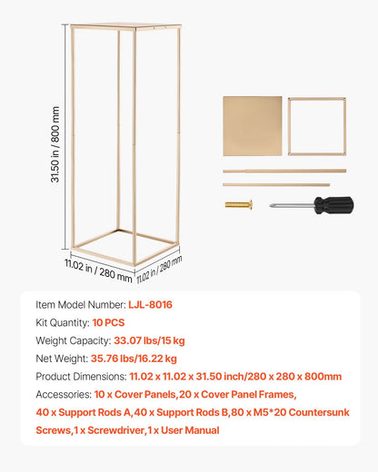 Wedding Flower Stand, 10PCS 80cm Column Flower Stand, Floral Stands with Metal Laminate, Rectangular Floral Display Rack for Wedding, Party, Birthday, Home, French Gold Centerpiece Stands
