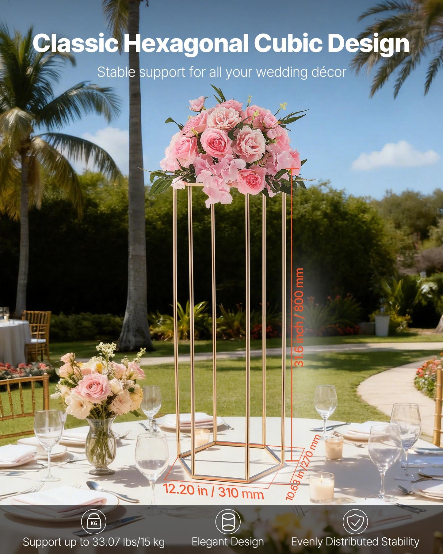Wedding Flower Stand, 10PCS 80cm Column Flower Stand, Floral Stands with Acrylic Laminate, Hexagonal Cubic Floral Display Rack for Wedding, Party, Birthday, Home, French Gold Centerpiece Stands