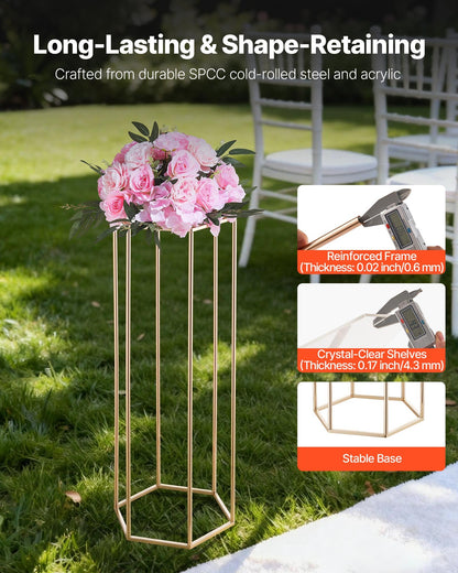 Wedding Flower Stand, 10PCS 80cm Column Flower Stand, Floral Stands with Acrylic Laminate, Hexagonal Cubic Floral Display Rack for Wedding, Party, Birthday, Home, French Gold Centerpiece Stands