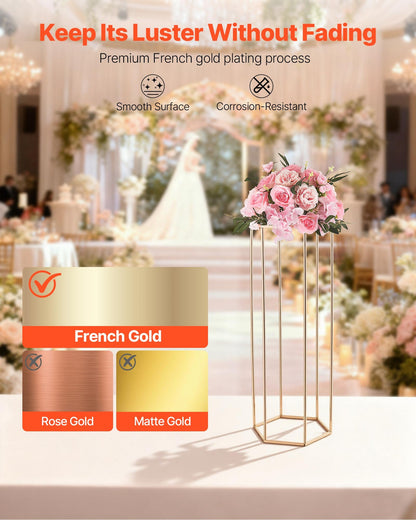 Wedding Flower Stand, 10PCS 80cm Column Flower Stand, Floral Stands with Acrylic Laminate, Hexagonal Cubic Floral Display Rack for Wedding, Party, Birthday, Home, French Gold Centerpiece Stands