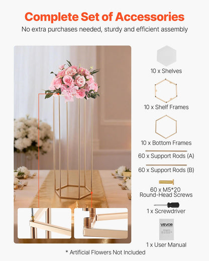 Wedding Flower Stand, 10PCS 80cm Column Flower Stand, Floral Stands with Acrylic Laminate, Hexagonal Cubic Floral Display Rack for Wedding, Party, Birthday, Home, French Gold Centerpiece Stands