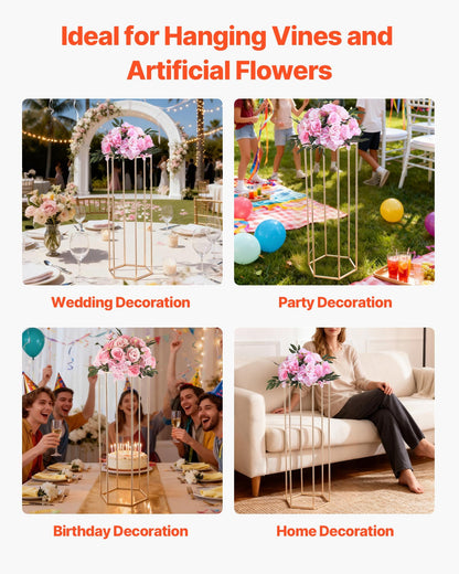 Wedding Flower Stand, 10PCS 80cm Column Flower Stand, Floral Stands with Acrylic Laminate, Hexagonal Cubic Floral Display Rack for Wedding, Party, Birthday, Home, French Gold Centerpiece Stands