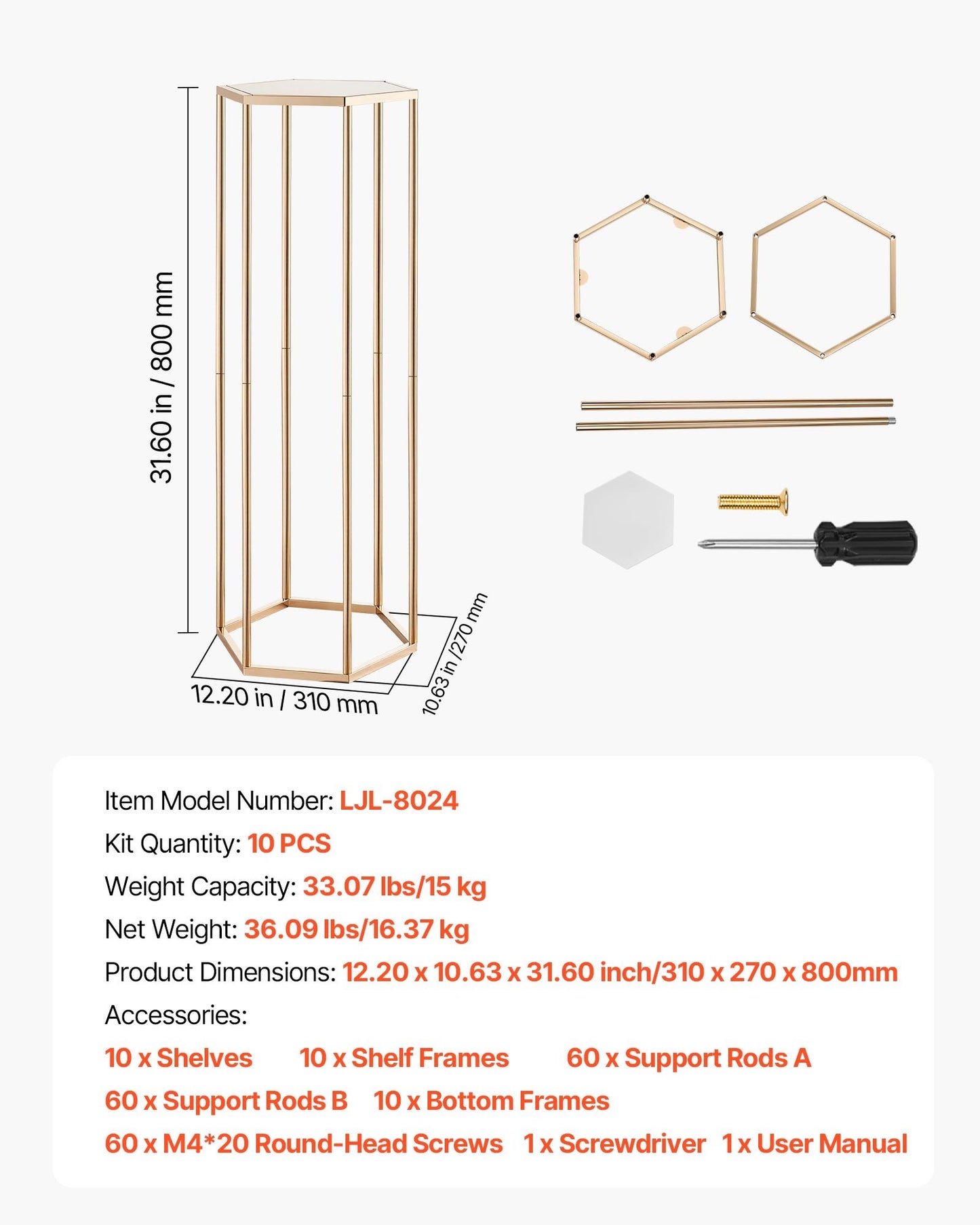 Wedding Flower Stand, 10PCS 80cm Column Flower Stand, Floral Stands with Acrylic Laminate, Hexagonal Cubic Floral Display Rack for Wedding, Party, Birthday, Home, French Gold Centerpiece Stands