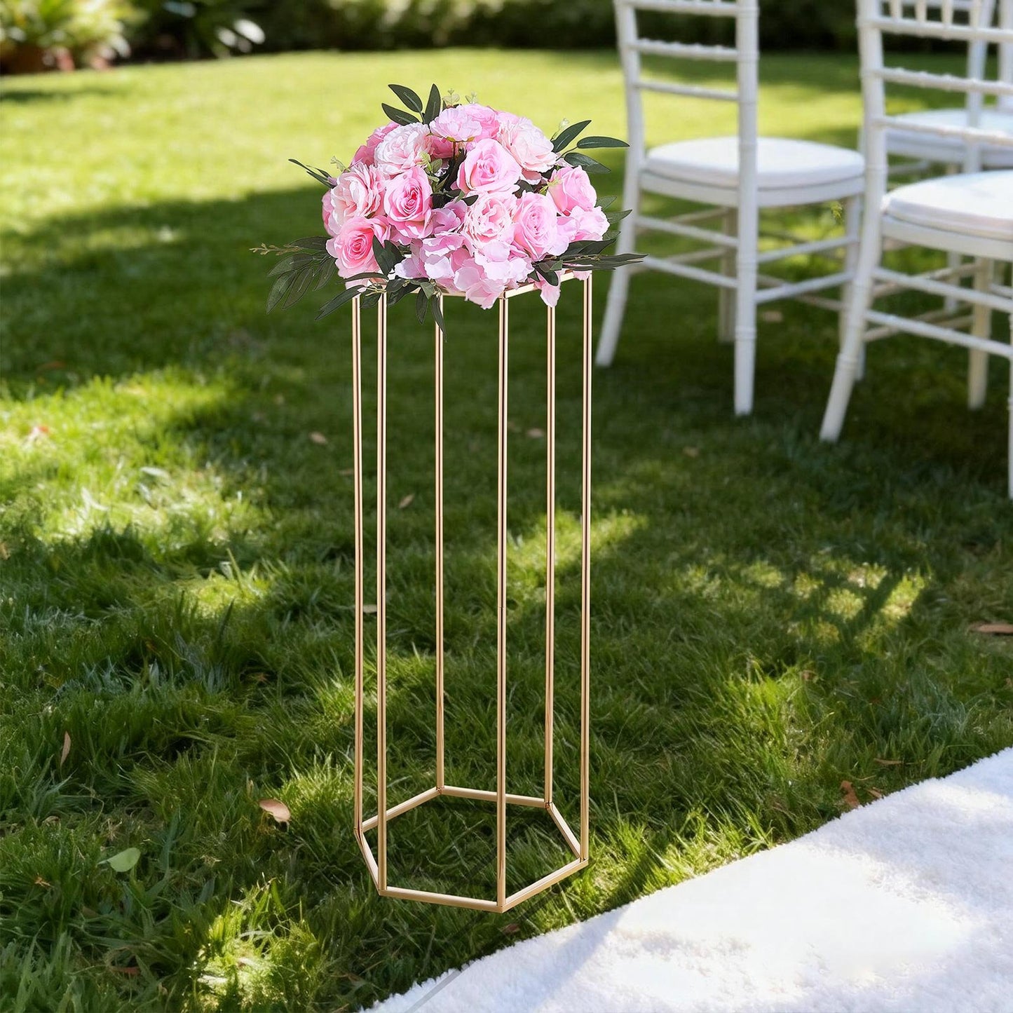 Wedding Flower Stand, 10PCS 80cm Column Flower Stand, Floral Stands with Acrylic Laminate, Hexagonal Cubic Floral Display Rack for Wedding, Party, Birthday, Home, French Gold Centerpiece Stands