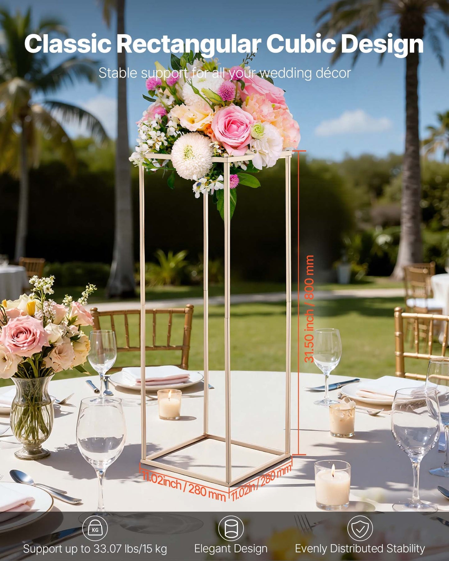 Wedding Flower Stand, 10PCS 80cm Column Flower Stand, Floral Stands with Hidden Screw, Rectangular Cubic Floral Display Rack for Wedding, Party, Birthday, Home, French Gold Centerpiece Stands