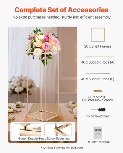 Wedding Flower Stand, 10PCS 80cm Column Flower Stand, Floral Stands with Hidden Screw, Rectangular Cubic Floral Display Rack for Wedding, Party, Birthday, Home, French Gold Centerpiece Stands