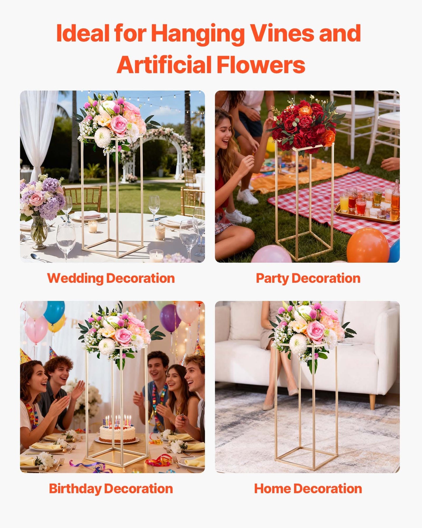 Wedding Flower Stand, 10PCS 80cm Column Flower Stand, Floral Stands with Hidden Screw, Rectangular Cubic Floral Display Rack for Wedding, Party, Birthday, Home, French Gold Centerpiece Stands