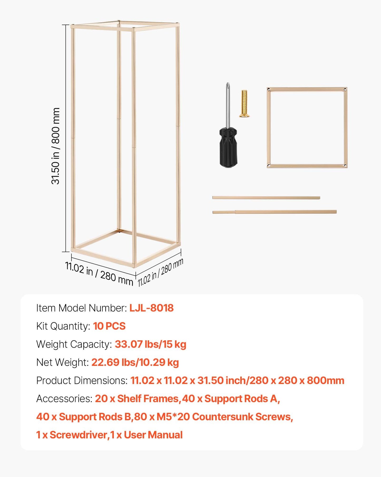 Wedding Flower Stand, 10PCS 80cm Column Flower Stand, Floral Stands with Hidden Screw, Rectangular Cubic Floral Display Rack for Wedding, Party, Birthday, Home, French Gold Centerpiece Stands