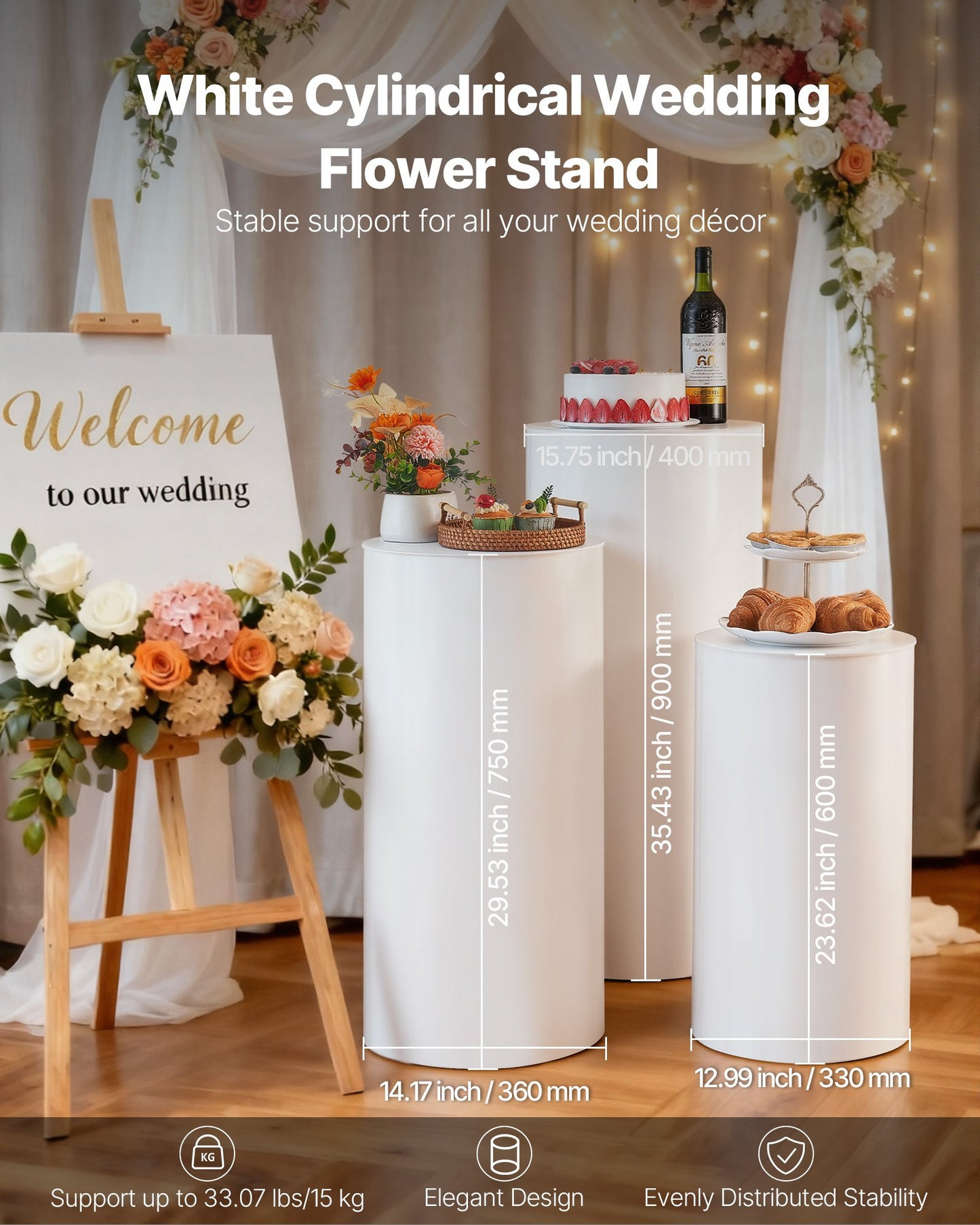 Wedding Flower Stand, 3PCS 60/75/90cm Round Cylinder Plinth, White Pedestal Stand with PVC Lid, Cylindrical Pedestal Stands for Wedding, Party, Birthday, Art Decor, 15kg Load