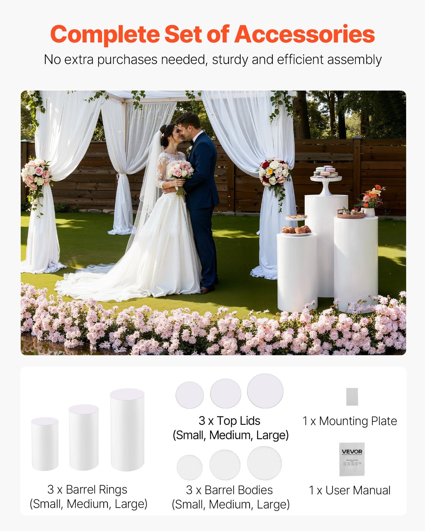 Wedding Flower Stand, 3PCS 60/75/90cm Round Cylinder Plinth, White Pedestal Stand with PVC Lid, Cylindrical Pedestal Stands for Wedding, Party, Birthday, Art Decor, 15kg Load
