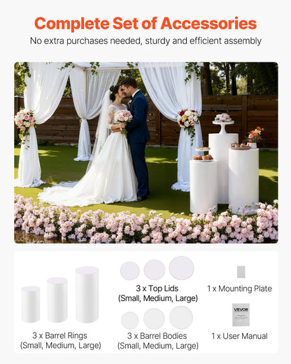Wedding Flower Stand, 3PCS 60/75/90cm Round Cylinder Plinth, White Pedestal Stand with PVC Lid, Cylindrical Pedestal Stands for Wedding, Party, Birthday, Art Decor, 15kg Load