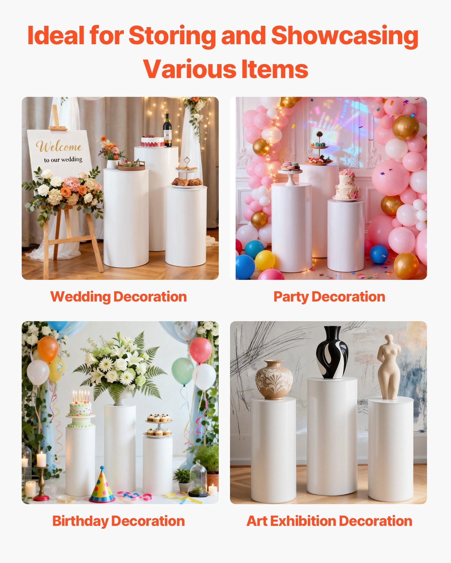 Wedding Flower Stand, 3PCS 60/75/90cm Round Cylinder Plinth, White Pedestal Stand with PVC Lid, Cylindrical Pedestal Stands for Wedding, Party, Birthday, Art Decor, 15kg Load