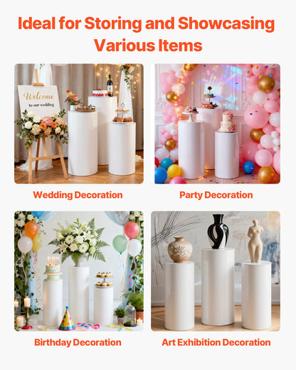 Wedding Flower Stand, 3PCS 60/75/90cm Round Cylinder Plinth, White Pedestal Stand with PVC Lid, Cylindrical Pedestal Stands for Wedding, Party, Birthday, Art Decor, 15kg Load