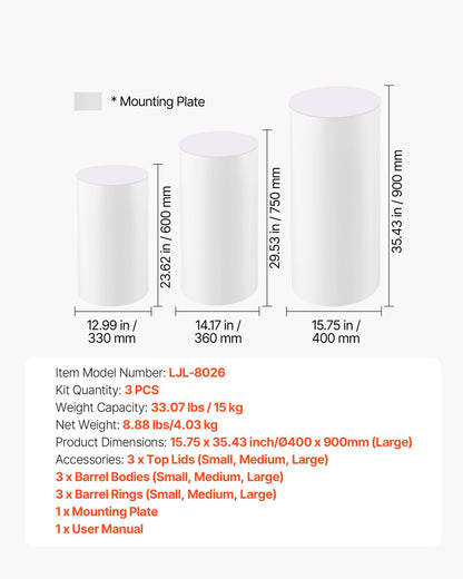 Wedding Flower Stand, 3PCS 60/75/90cm Round Cylinder Plinth, White Pedestal Stand with PVC Lid, Cylindrical Pedestal Stands for Wedding, Party, Birthday, Art Decor, 15kg Load