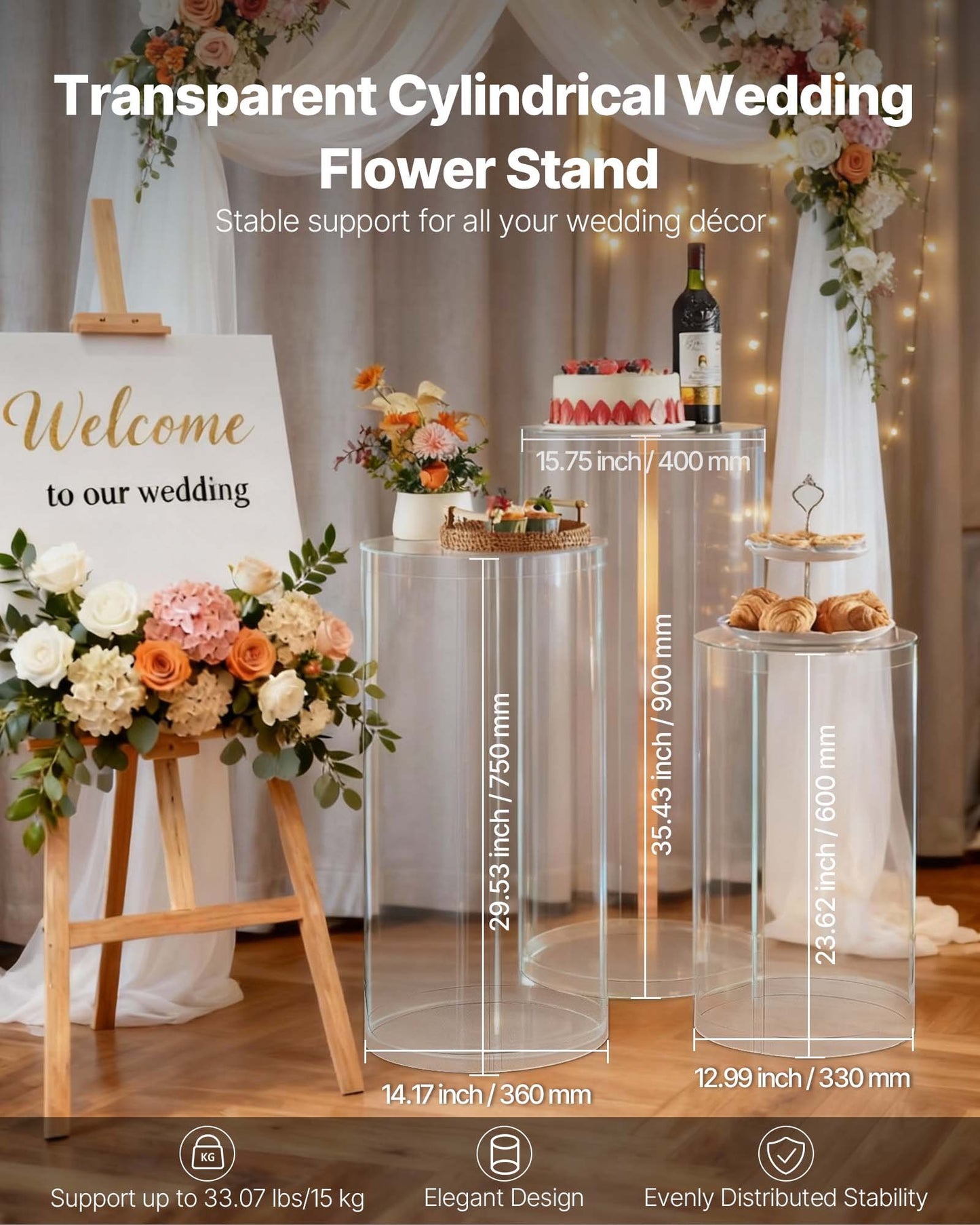Wedding Flower Stand, 3PCS 60/75/90cm Round Cylinder Plinth, Clear Pedestal Stand with Transparent Acrylic Lid, Cylindrical Pedestal Stands for Wedding, Party, Birthday, Art Decor