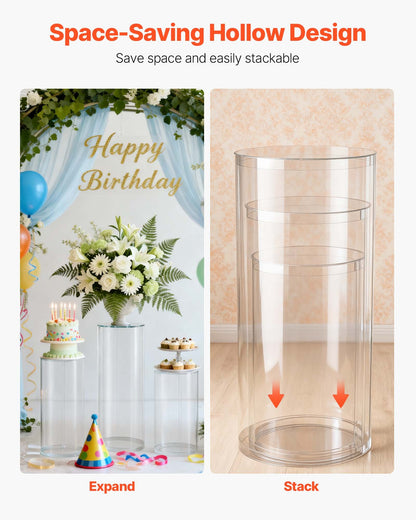 Wedding Flower Stand, 3PCS 60/75/90cm Round Cylinder Plinth, Clear Pedestal Stand with Transparent Acrylic Lid, Cylindrical Pedestal Stands for Wedding, Party, Birthday, Art Decor