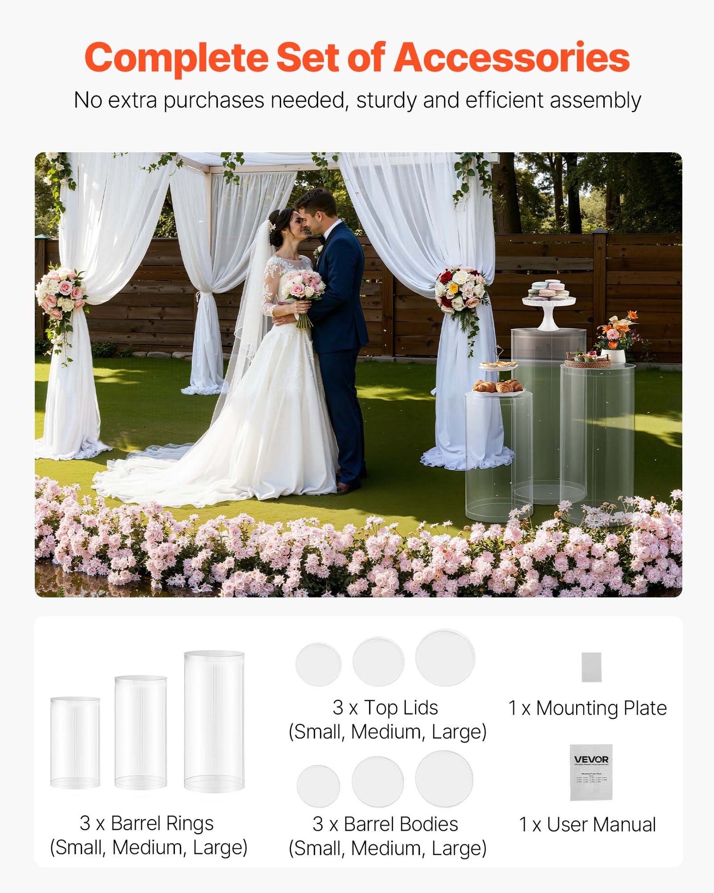 Wedding Flower Stand, 3PCS 60/75/90cm Round Cylinder Plinth, Clear Pedestal Stand with Transparent Acrylic Lid, Cylindrical Pedestal Stands for Wedding, Party, Birthday, Art Decor