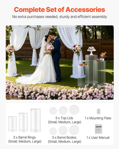 Wedding Flower Stand, 3PCS 60/75/90cm Round Cylinder Plinth, Clear Pedestal Stand with Transparent Acrylic Lid, Cylindrical Pedestal Stands for Wedding, Party, Birthday, Art Decor
