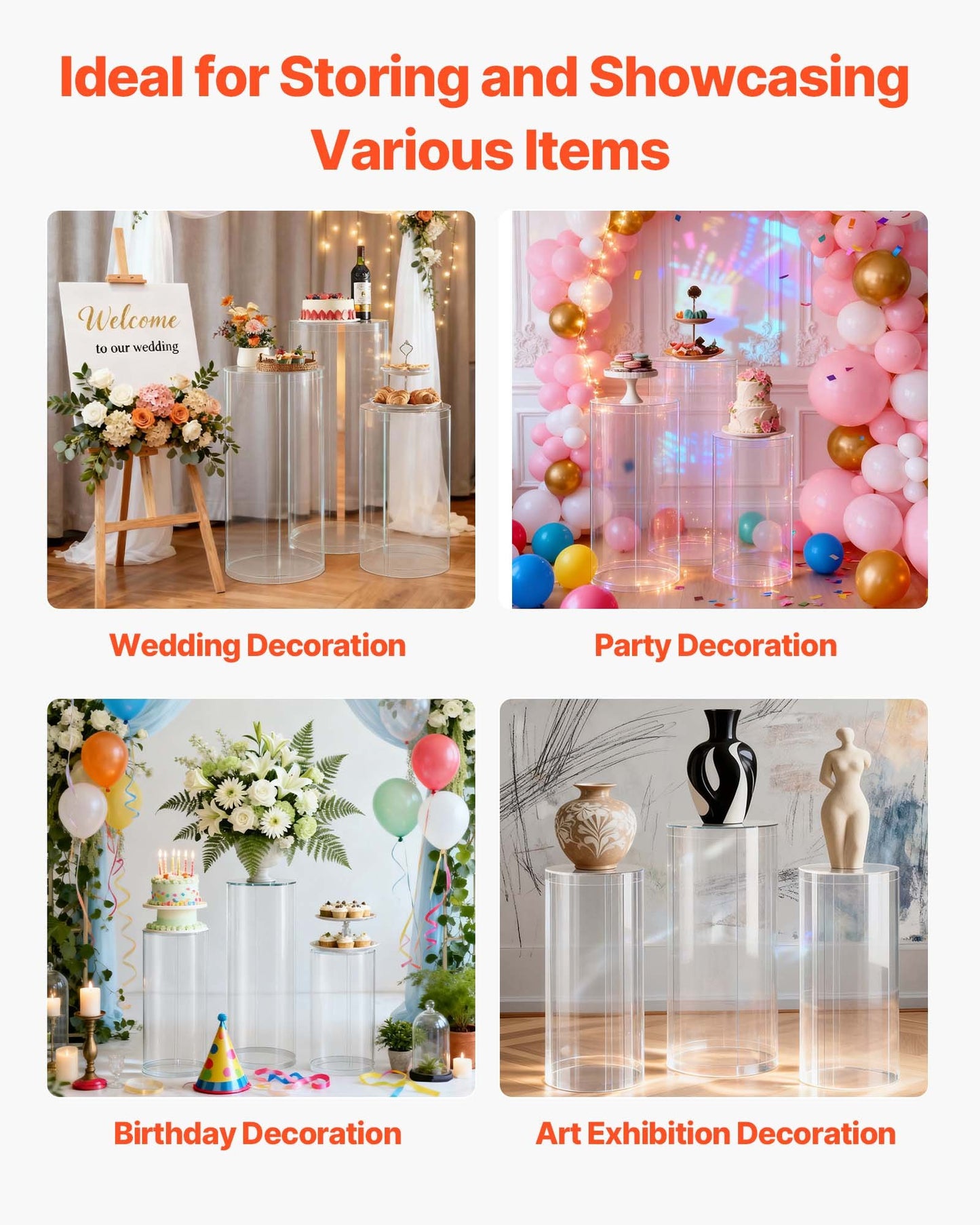 Wedding Flower Stand, 3PCS 60/75/90cm Round Cylinder Plinth, Clear Pedestal Stand with Transparent Acrylic Lid, Cylindrical Pedestal Stands for Wedding, Party, Birthday, Art Decor