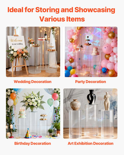 Wedding Flower Stand, 3PCS 60/75/90cm Round Cylinder Plinth, Clear Pedestal Stand with Transparent Acrylic Lid, Cylindrical Pedestal Stands for Wedding, Party, Birthday, Art Decor