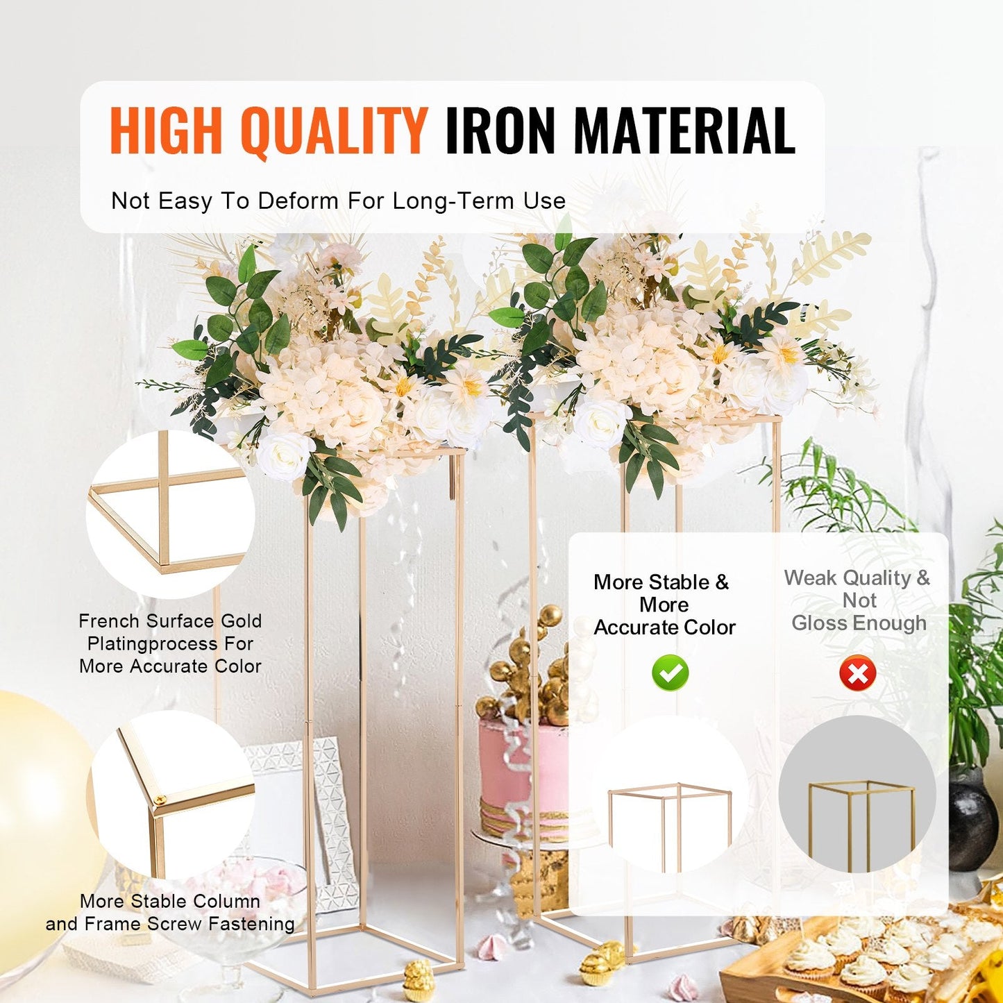 Gold Geometric Floral Display Stands - 80cm Metal Vase Columns for Events