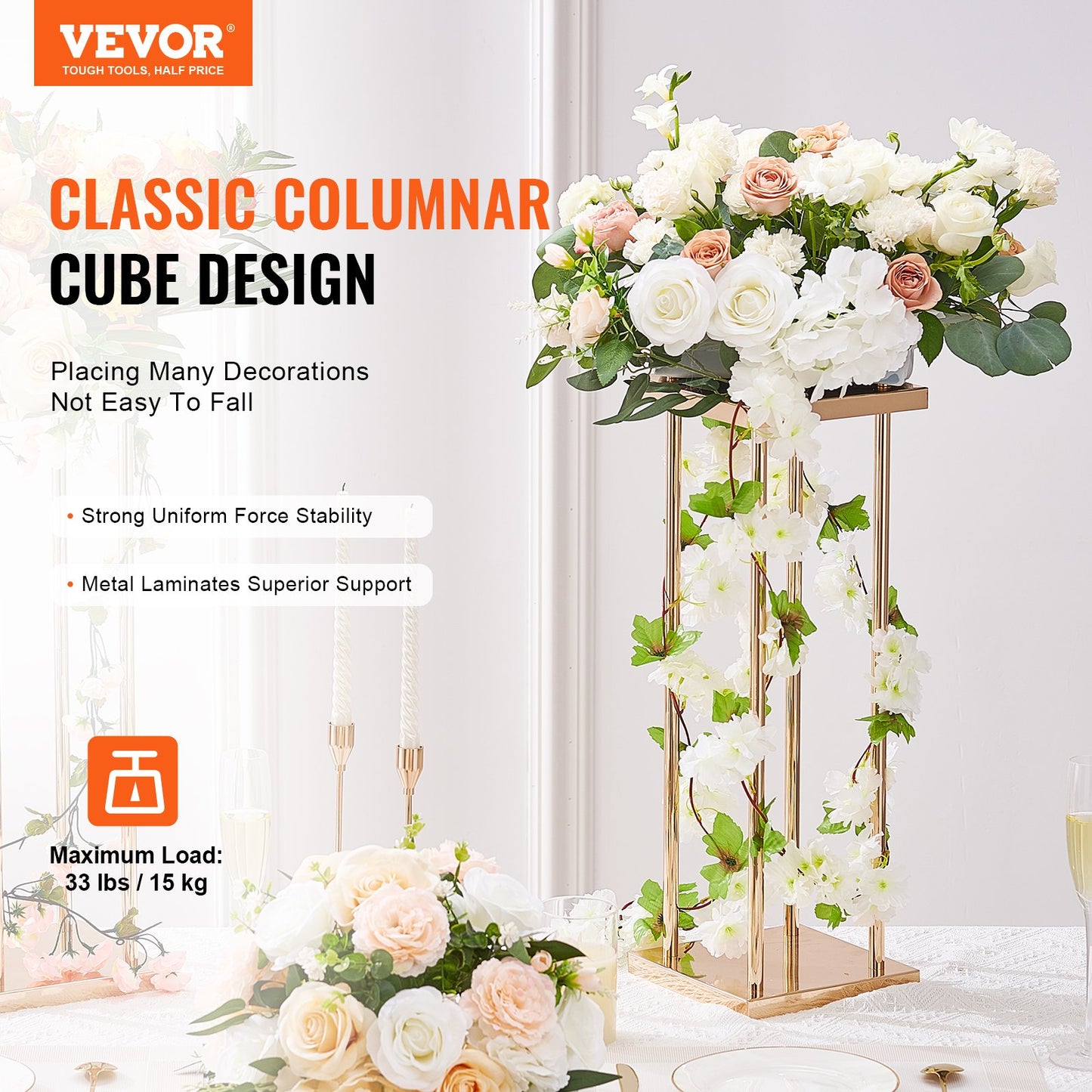 VEVOR 4PCS Gold Metal Column Wedding Flower Stand, 23.6inch /60cm High With Metal