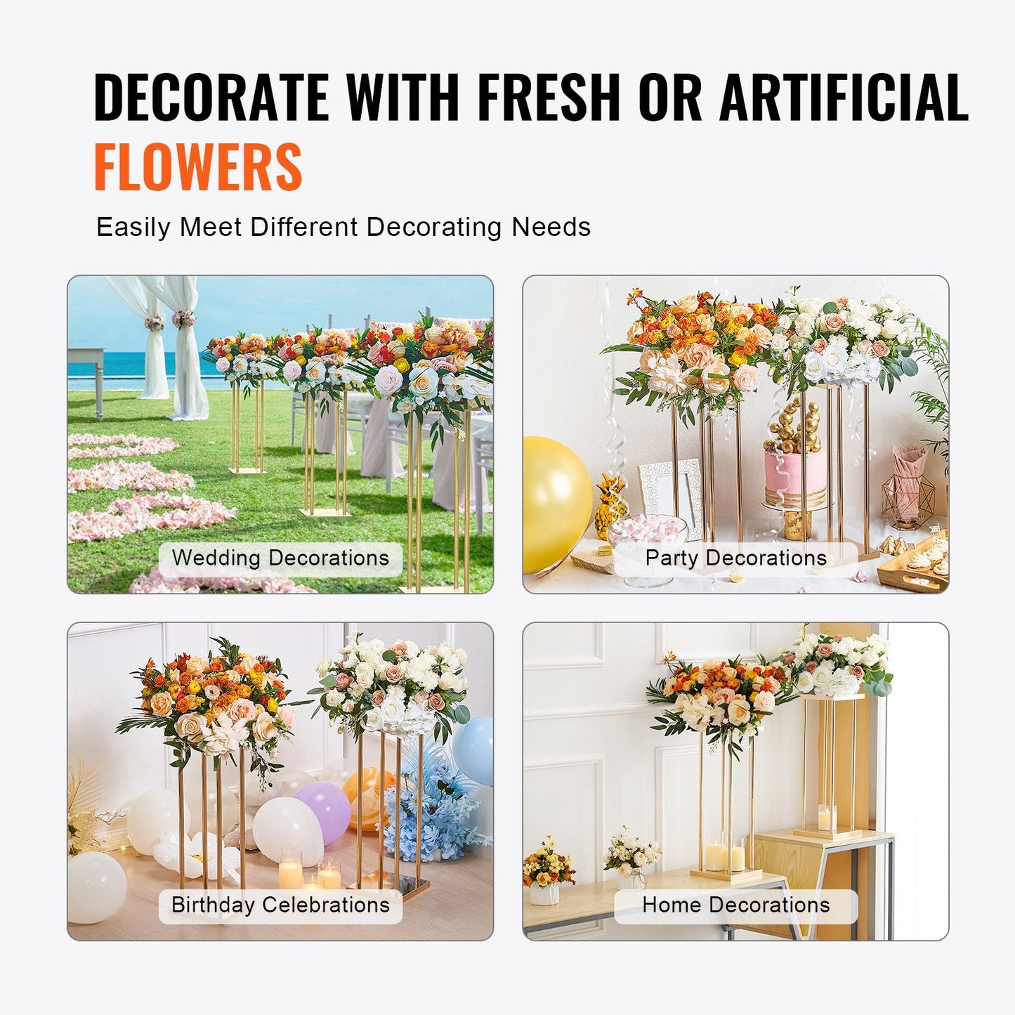 Gold Metal Flower Stand Set, 60cm Tall Geometric Display for Weddings & Events