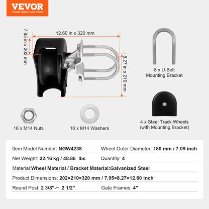 VEVOR Sliding Gate Kit w/ U-Shaped Groove 4 Track Wheels/Cover for Cantilever