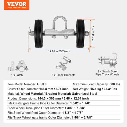 VEVOR Sliding Gate Kit 6” Sliding Rollers for Connect Tracks Max.600LBS