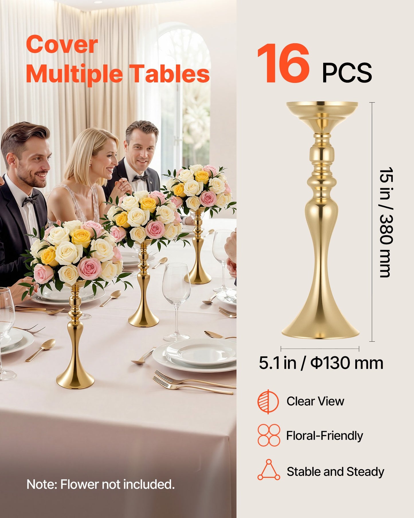 16 PCS Wedding Flower Vase, 38 cm Tall Flower Table Centerpieces, Crystal Banquet Vases Easy Installation, Electroplated Versatile Arrangement Stand for Party Events Home Decor Reception, Gold