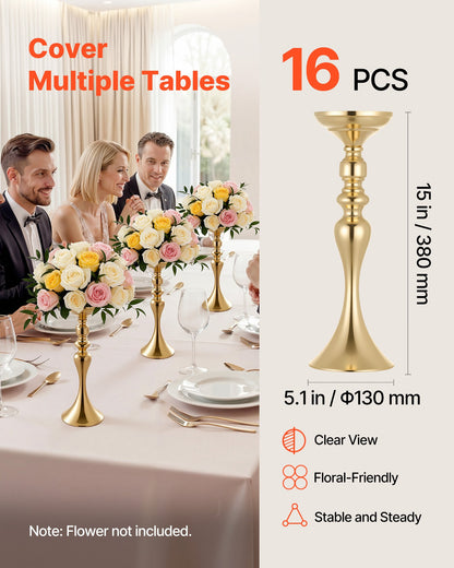 16 PCS Wedding Flower Vase, 38 cm Tall Flower Table Centerpieces, Crystal Banquet Vases Easy Installation, Electroplated Versatile Arrangement Stand for Party Events Home Decor Reception, Gold