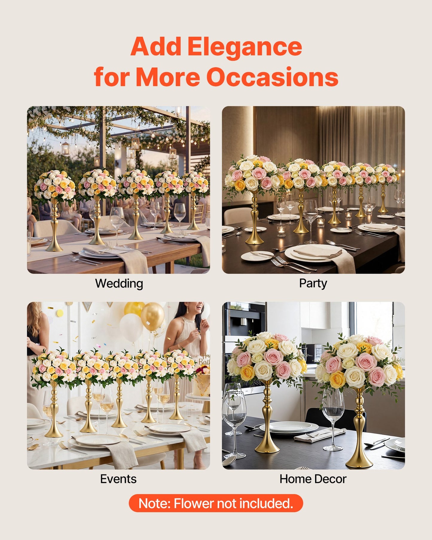 16 PCS Wedding Flower Vase, 38 cm Tall Flower Table Centerpieces, Crystal Banquet Vases Easy Installation, Electroplated Versatile Arrangement Stand for Party Events Home Decor Reception, Gold