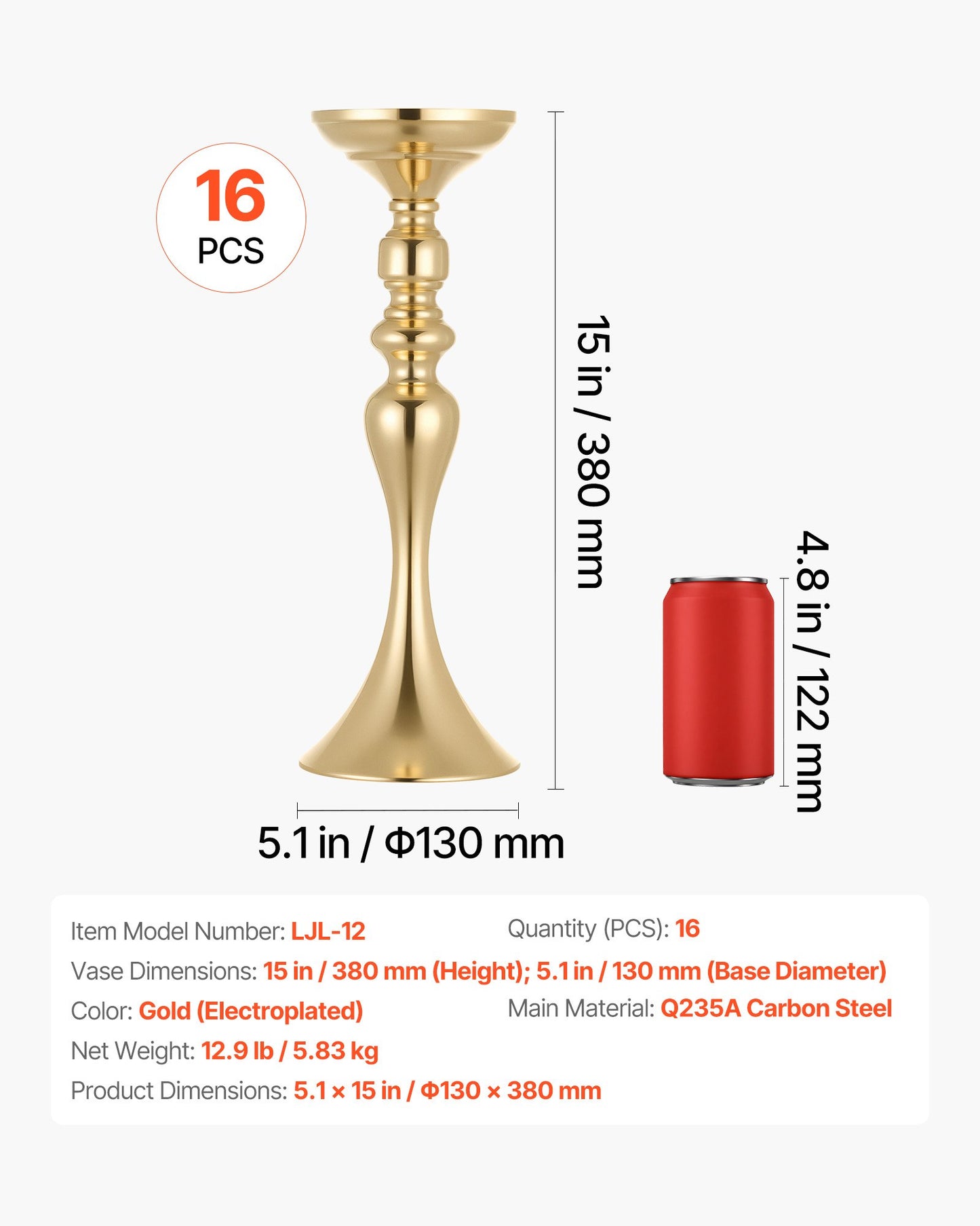 16 PCS Wedding Flower Vase, 38 cm Tall Flower Table Centerpieces, Crystal Banquet Vases Easy Installation, Electroplated Versatile Arrangement Stand for Party Events Home Decor Reception, Gold