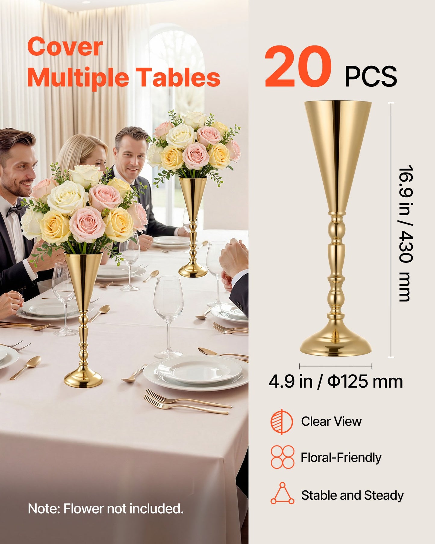20 PCS Wedding Flower Vase, 43 cm Tall Trumpet Flower Table Centerpieces, Banquet Vases Easy Installation, Electroplated Versatile Arrangement Stand for Party Events Home Decor Reception, Gold