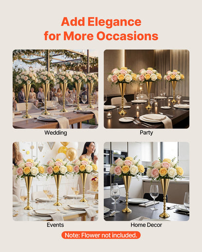 20 PCS Wedding Flower Vase, 43 cm Tall Trumpet Flower Table Centerpieces, Banquet Vases Easy Installation, Electroplated Versatile Arrangement Stand for Party Events Home Decor Reception, Gold