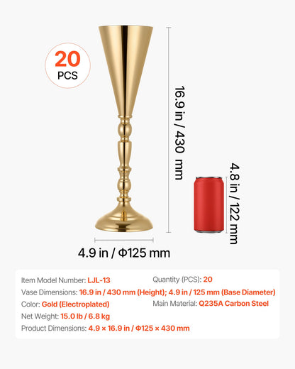 20 PCS Wedding Flower Vase, 43 cm Tall Trumpet Flower Table Centerpieces, Banquet Vases Easy Installation, Electroplated Versatile Arrangement Stand for Party Events Home Decor Reception, Gold