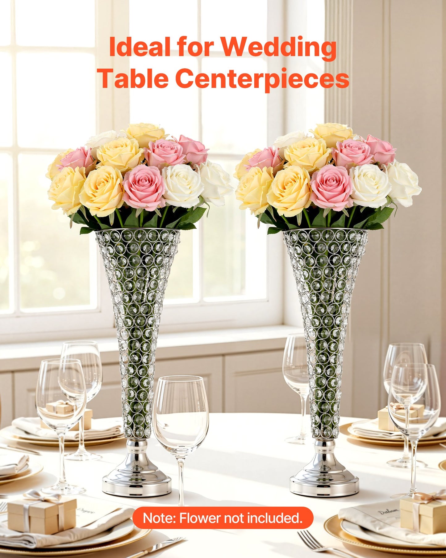 4 PCS Crystal Wedding Flower Vase, 51 cm Tall Flower Table Centerpieces, Crystal Cylinder Banquet Vases Easy Installation, Versatile Arrangement Stand for Party Events Room Home Decor, Silver