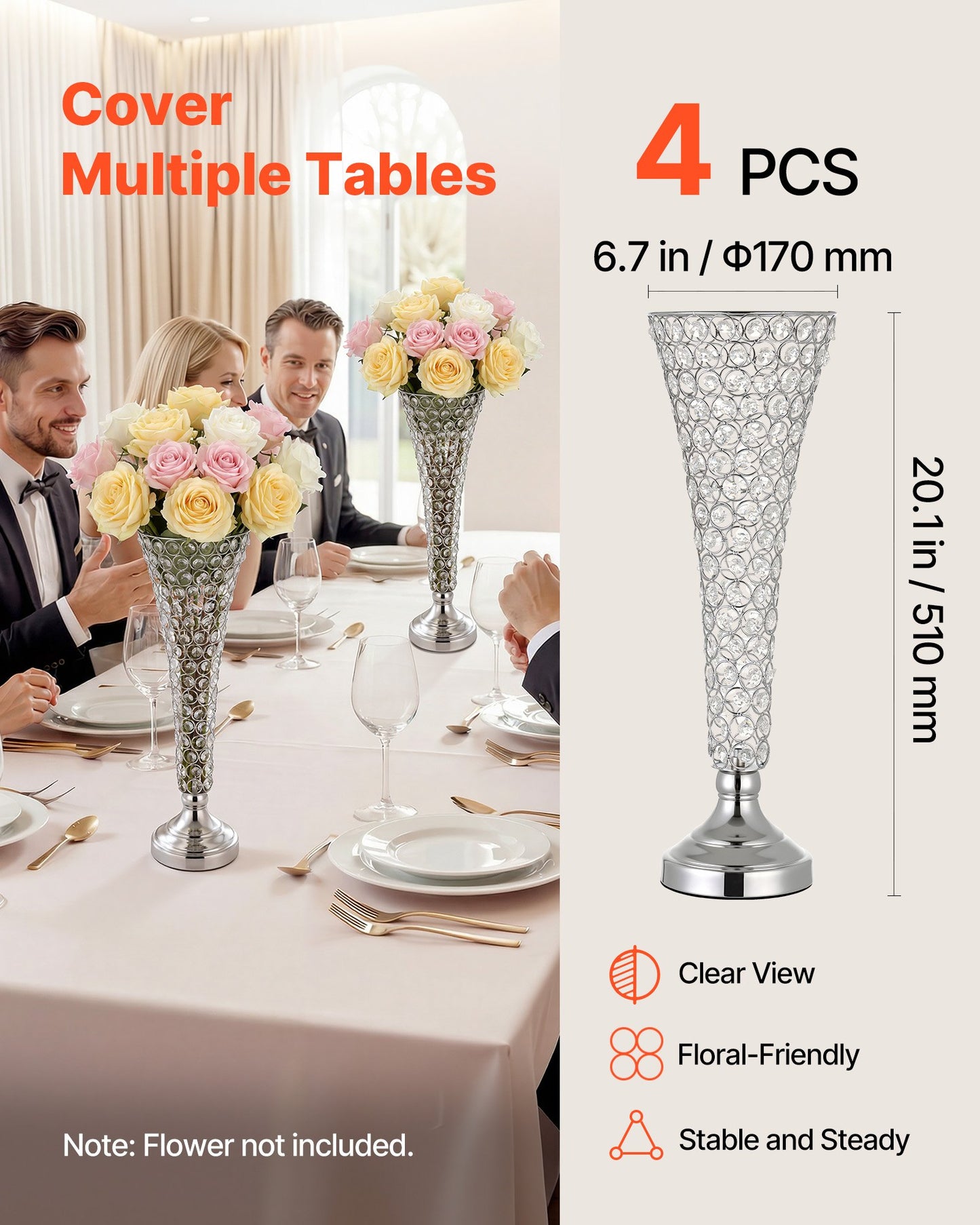 4 PCS Crystal Wedding Flower Vase, 51 cm Tall Flower Table Centerpieces, Crystal Cylinder Banquet Vases Easy Installation, Versatile Arrangement Stand for Party Events Room Home Decor, Silver