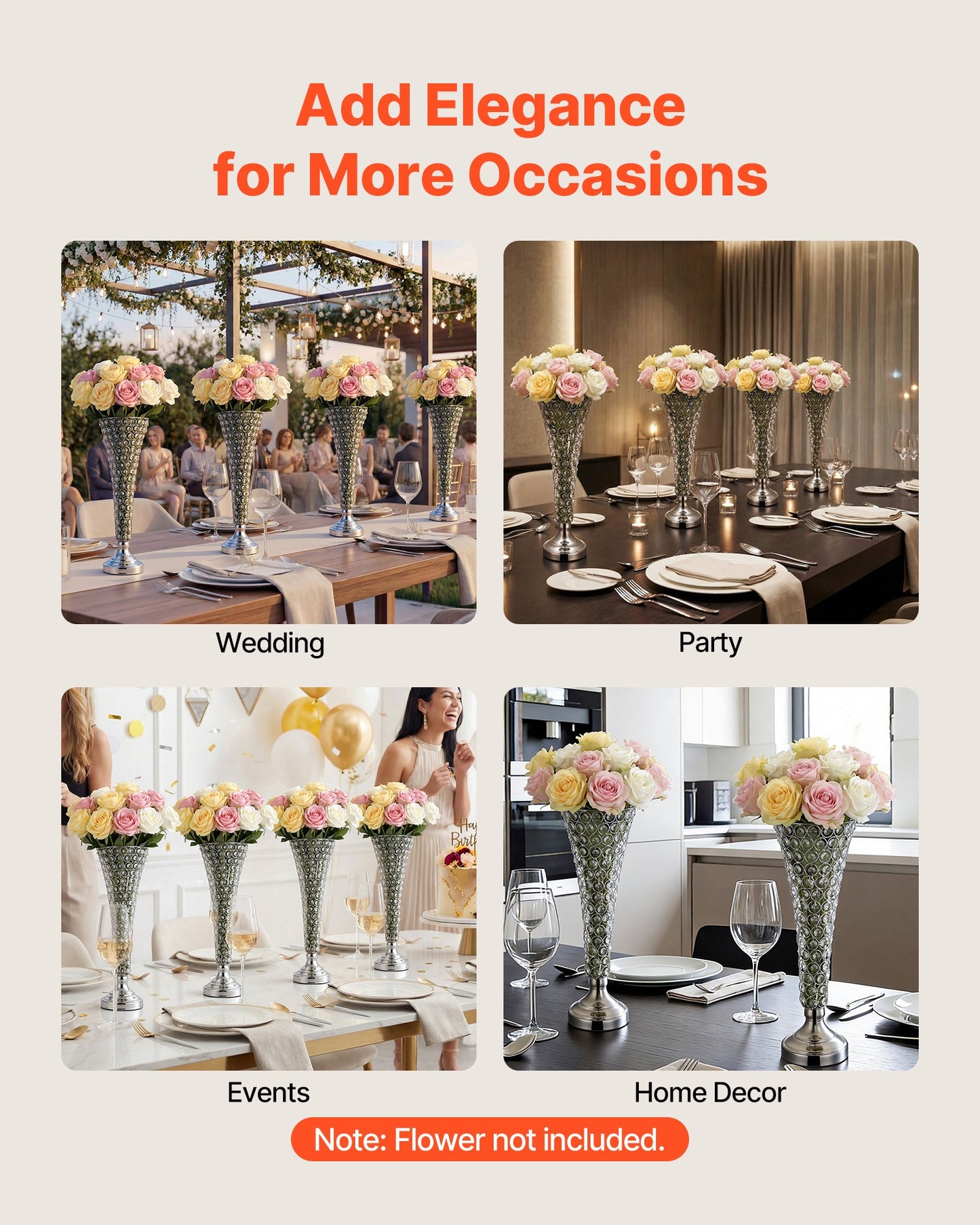 4 PCS Crystal Wedding Flower Vase, 51 cm Tall Flower Table Centerpieces, Crystal Cylinder Banquet Vases Easy Installation, Versatile Arrangement Stand for Party Events Room Home Decor, Silver
