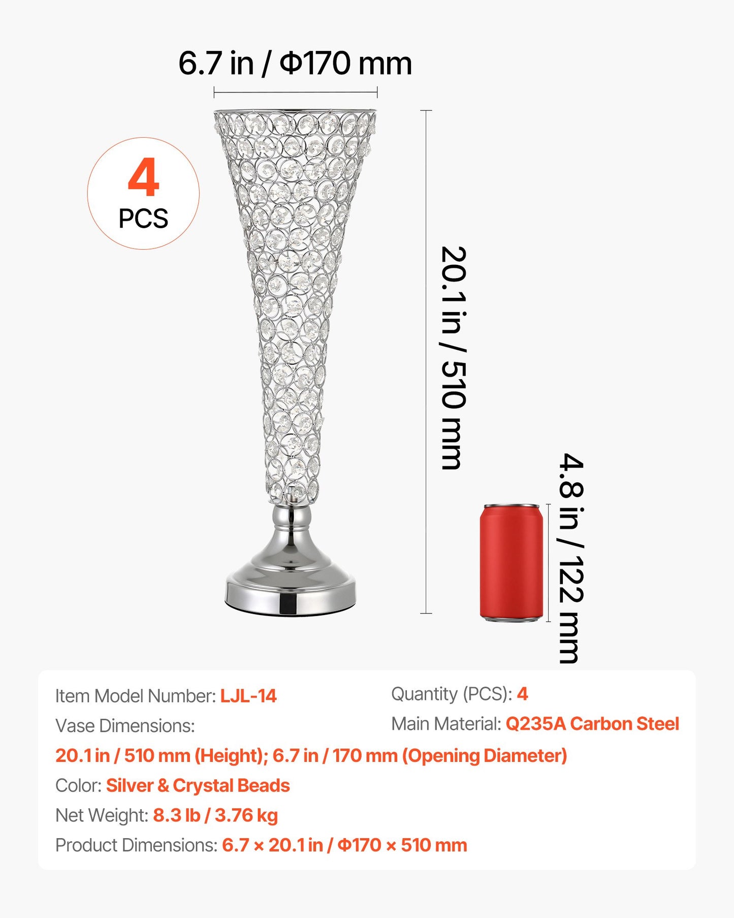4 PCS Crystal Wedding Flower Vase, 51 cm Tall Flower Table Centerpieces, Crystal Cylinder Banquet Vases Easy Installation, Versatile Arrangement Stand for Party Events Room Home Decor, Silver