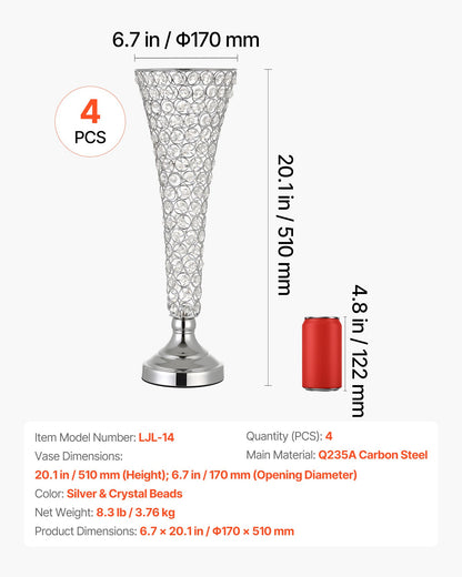 4 PCS Crystal Wedding Flower Vase, 51 cm Tall Flower Table Centerpieces, Crystal Cylinder Banquet Vases Easy Installation, Versatile Arrangement Stand for Party Events Room Home Decor, Silver