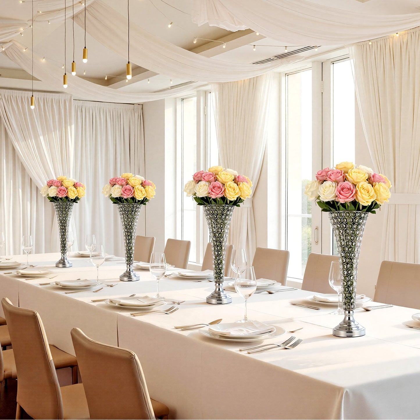 4 PCS Crystal Wedding Flower Vase, 51 cm Tall Flower Table Centerpieces, Crystal Cylinder Banquet Vases Easy Installation, Versatile Arrangement Stand for Party Events Room Home Decor, Silver