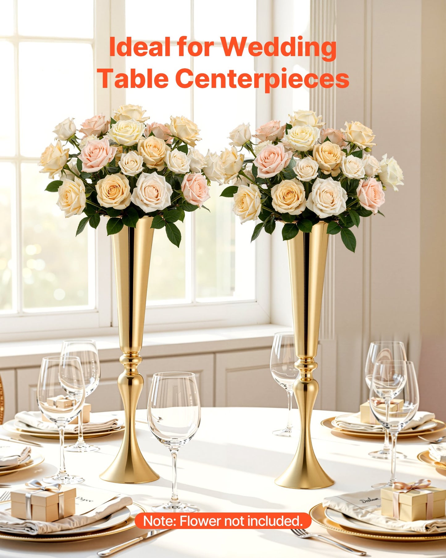 12 PCS Wedding Flower Vase, 55 cm Tall Trumpet Flower Table Centerpieces, Banquet Vases Easy Installation, Electroplated Versatile Arrangement Stand for Party Events Home Decor Reception, Gold