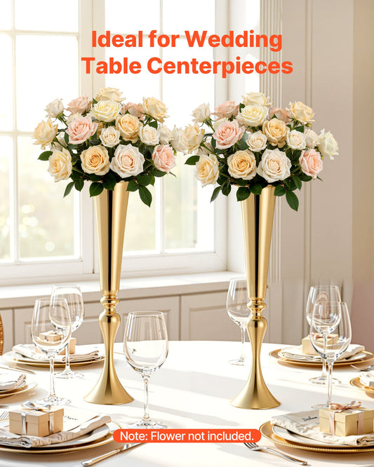 12 PCS Wedding Flower Vase, 55 cm Tall Trumpet Flower Table Centerpieces, Banquet Vases Easy Installation, Electroplated Versatile Arrangement Stand for Party Events Home Decor Reception, Gold